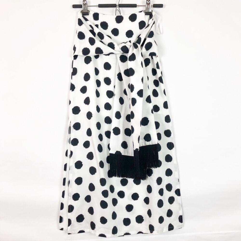 Mother of Pearl Kate Polka Dot Midi Skirt Tie‎ Front Fringe White Black Size 0 - Picture 2 of 15